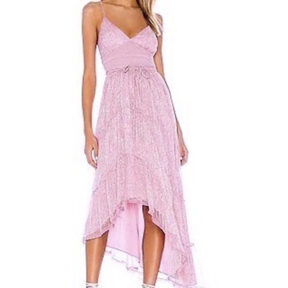 Tularosa Pink Floral Metallic Gold Stripe Crochet Lace High Low Midi Dress M